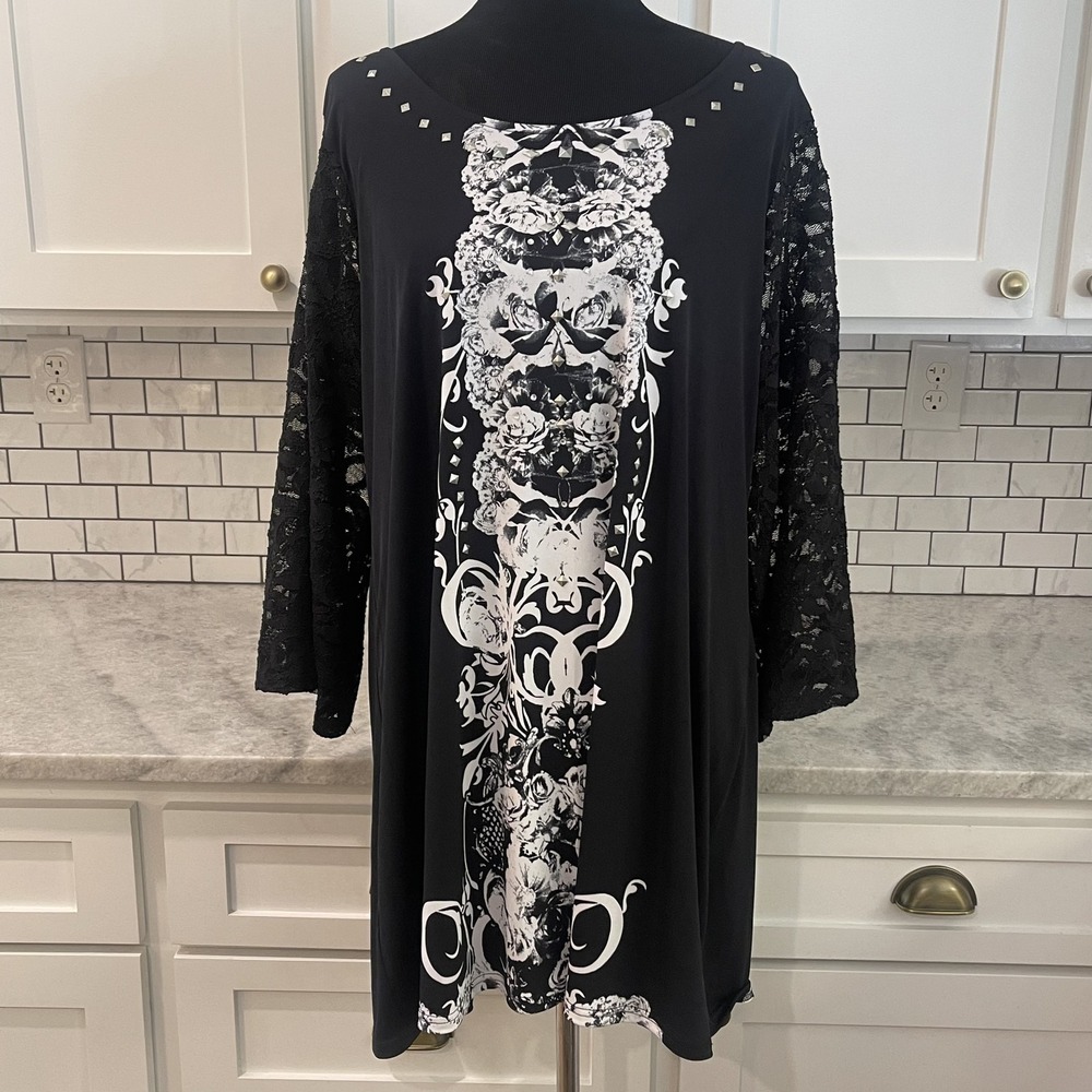 Style & Co Dress Womens 2X Black Lace Sleeve Rhinestone Floral New Tags